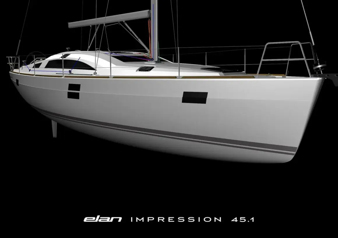 Il bianco scafo dell'elan impression 45.1, con linee grigie, si staglia su sfondo nero.