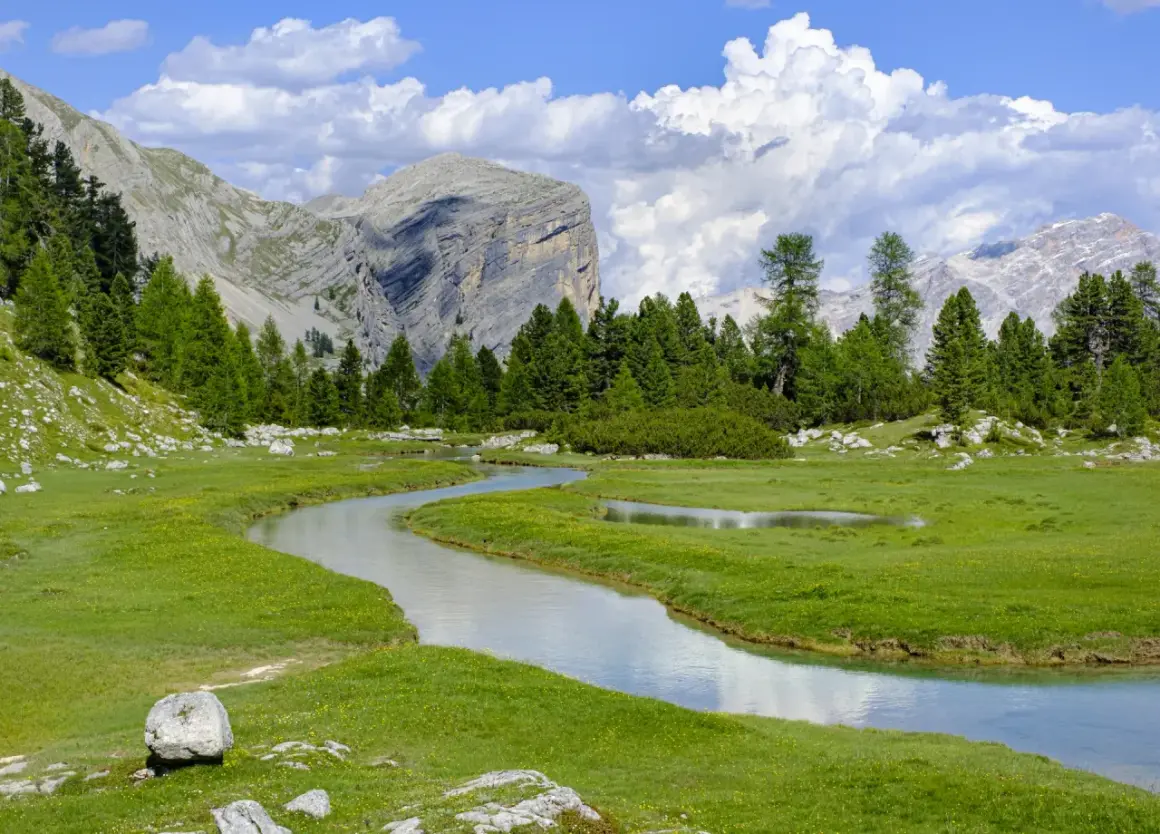 Un ruscello serpeggia tra prati verdi e fiori gialli, con imponenti montagne sullo sfondo. Un paesaggio da cartolina, tipico delle località di montagna famose.