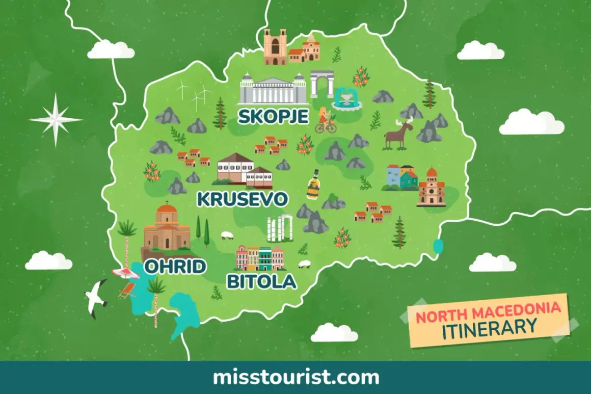 Mapa Macedonii Północnej z zaznaczonymi atrakcjami: Skopje, Ochryda, Bitola, Krusewo. Idealna inspiracja, co zobaczyć w Macedonii.