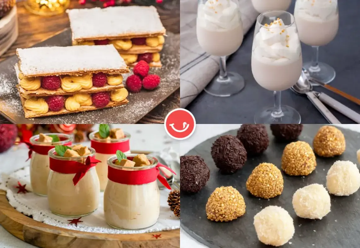 Collage de postres navideños: milhojas con frambuesas, vasitos de crema, y trufas variadas.