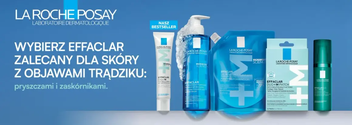 Linia Effaclar od La Roche-Posay: żel, krem i plastry na pryszcze i zaskórniki dla skóry z objawami trądzikowymi.