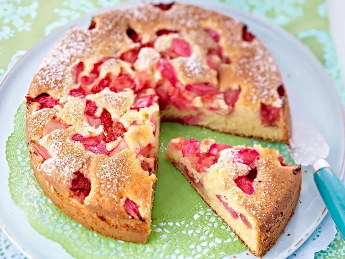 Ein saftiger Erdbeer Rhabarber Kuchen, bestäubt mit Puderzucker, wartet auf seinen Genuss. Ein Stück ist bereits herausgeschnitten.