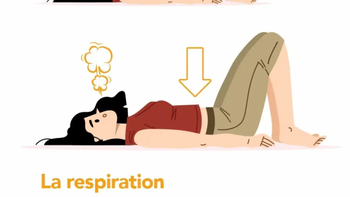 Femme allongée, souffle expiré symbolisé par des volutes. Exercice de respiration pour la rééducation périnée.