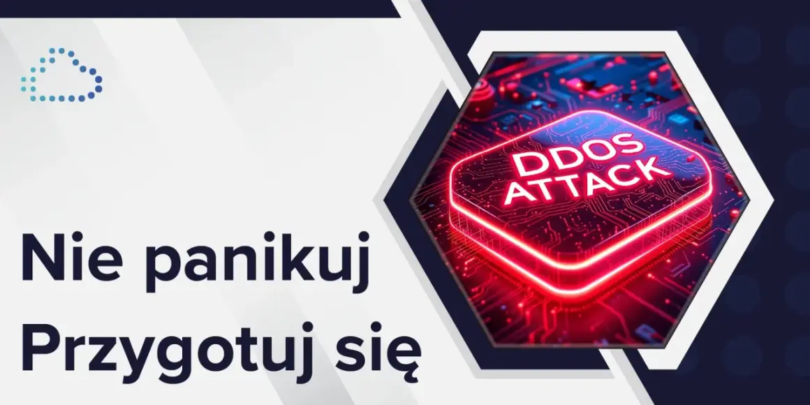 Nie panikuj, przygotuj się na ataki DDoS. Grafika przedstawia schemat obwodów drukowanych z napisem "DDOS ATTACK" w neonowym blasku.