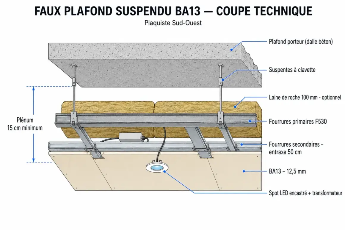 Coupe technique d'un faux plafond BA13 avec ossature métallique. Fourrures secondaires à entraxe 50 cm pour le placo. Isolation et spot LED intégrés.