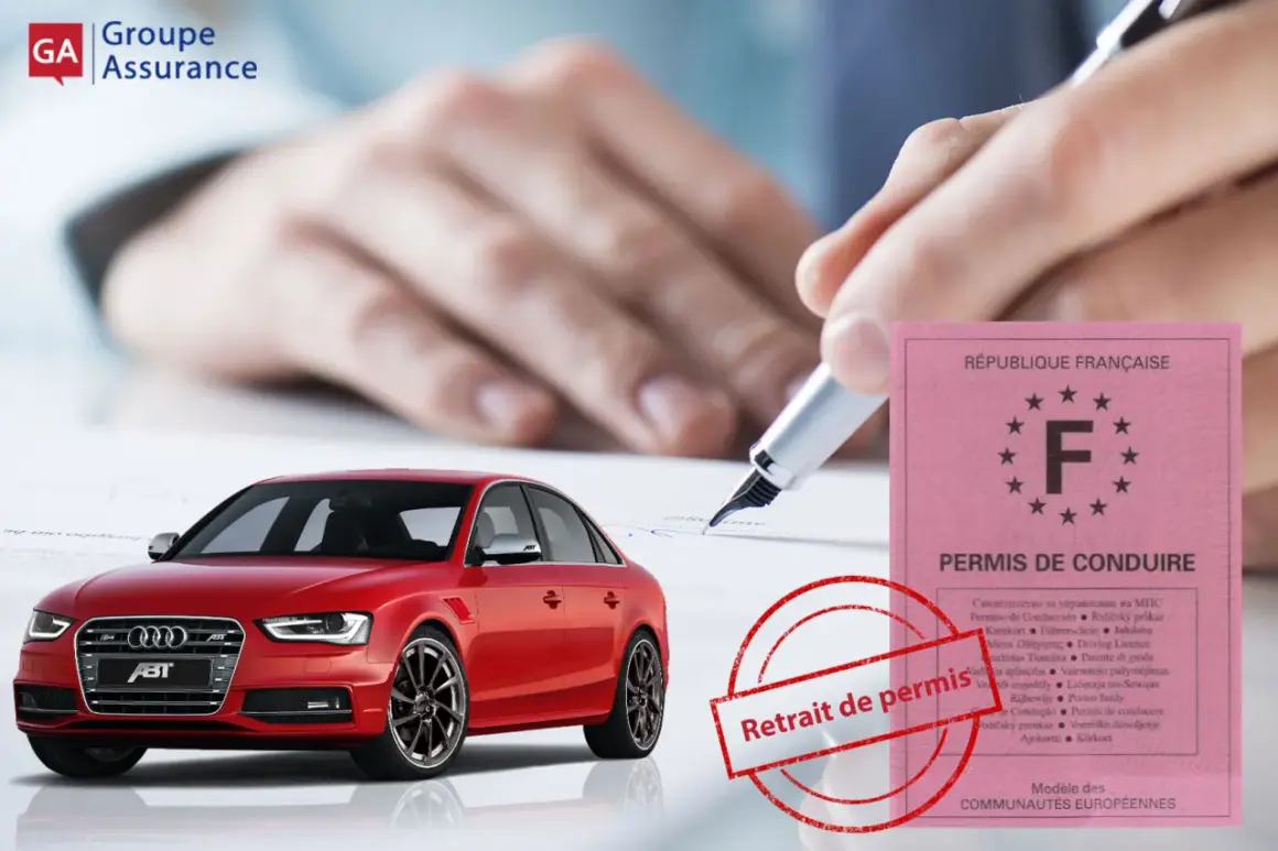 Une voiture rouge, un permis de conduire français et un tampon "Retrait de permis" suggèrent des problèmes avec la **suspension de permis et assurance**.