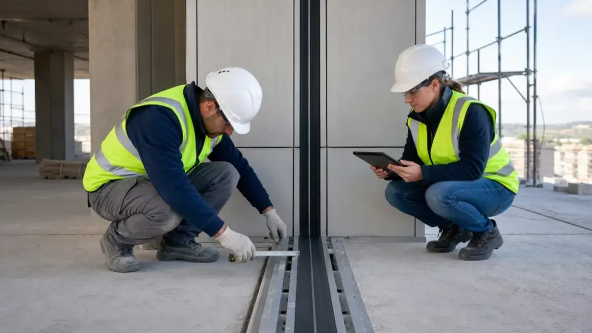 Operai misurano un giunto sismico in cantiere. Uno usa un metro, l'altra un tablet per registrare i dati.