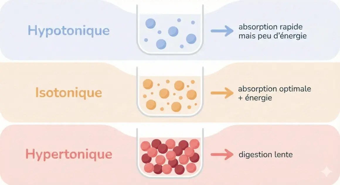 Comparaison des boissons isotoniques : hypotonique (rapide, peu d'énergie), isotonique (optimale, énergie), hypertonique (lente).