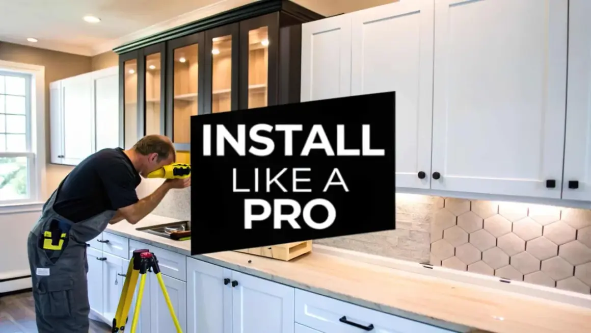 A man uses a laser level to ensure cabinets are perfectly aligned, demonstrating how to hang cabinets like a pro.