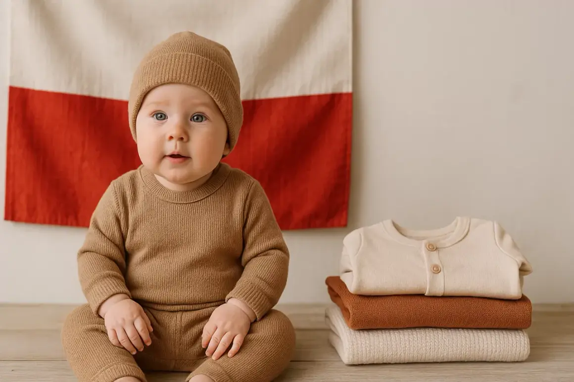 Urocze przebranie dla niemowlaka w beżowym kolorze, siedzącego przed polską flagą. Obok stosik ubranek.