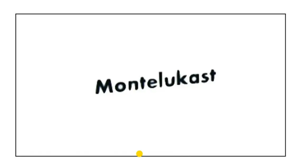 Napis "Montelukast" na białym tle. Mały żółty punkcik pod napisem.