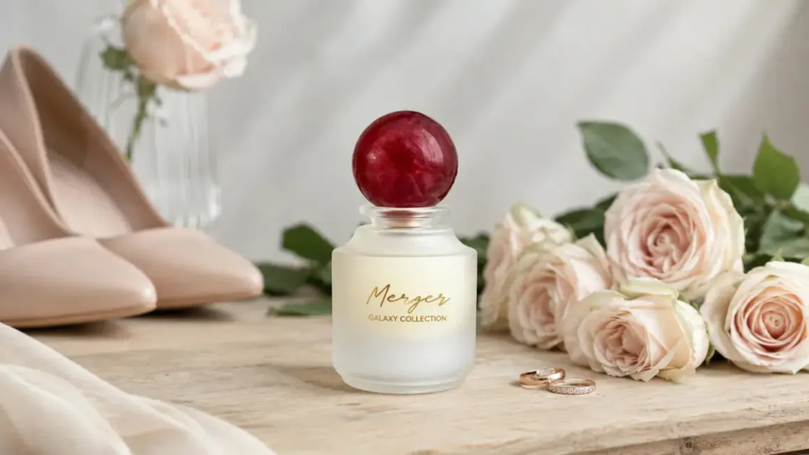 Elegancka klasyfikacja perfum: flakon "Merger Galaxy Collection" z różami, szpilkami i obrączkami.