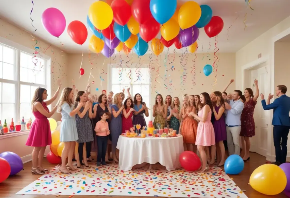 Glada människor firar 50 års fest med ballonger och konfetti.