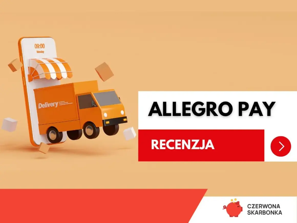 Dostawa z Allegro Pay raty: ciężarówka wyjeżdża z telefonu, obok napisy "Allegro Pay" i "Recenzja".