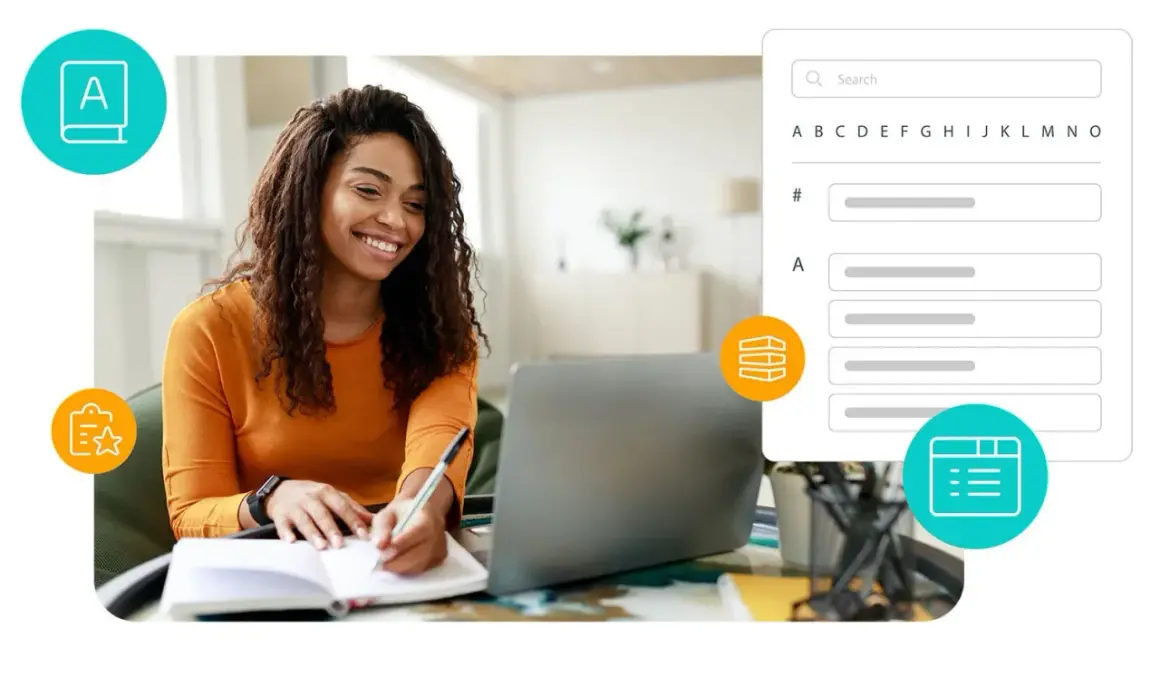 A woman smiles while working on her laptop, taking notes. Icons suggest a digital workflow, perhaps related to digital watermarking for content protection.