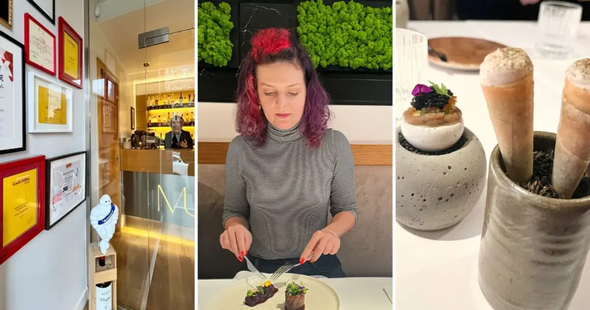 Elegancka restauracja z gwiazdką Michelin w Polsce. Kobieta delektuje się wykwintnym daniem, a obok stoją artystycznie podane przekąski.