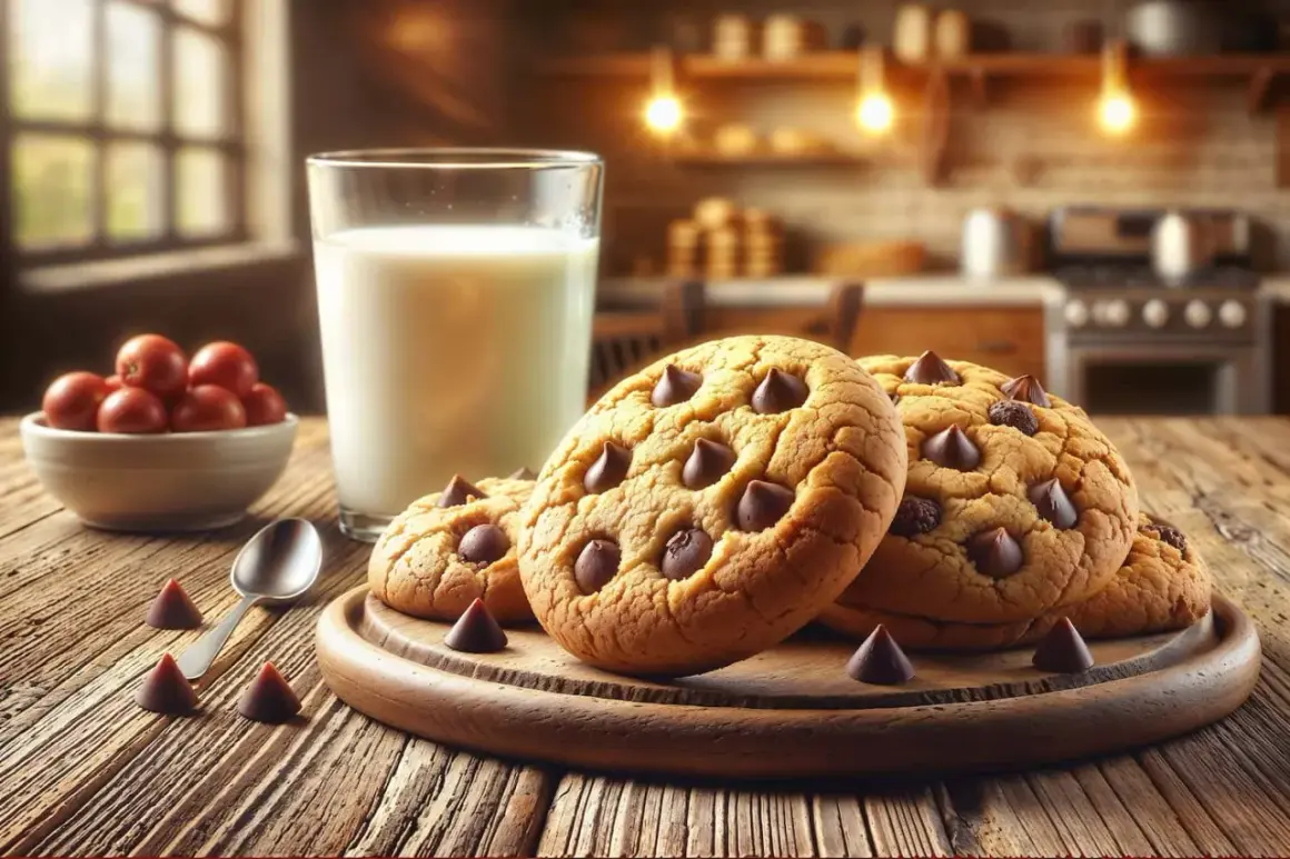 Galletas de chocolate recién horneadas, con un vaso de leche y cerezas, listas para disfrutar. La masa de galletas perfecta para cualquier ocasión.