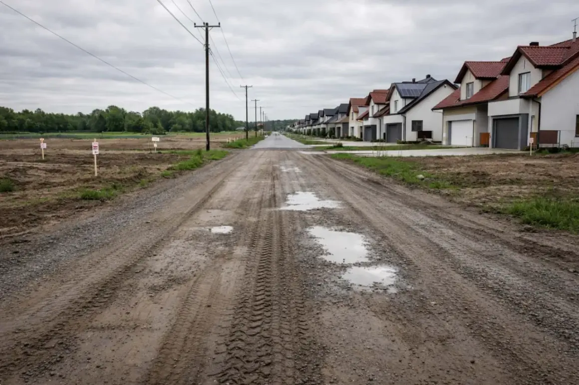 Błotnista droga wewnętrzna prowadzi do szeregu nowych domów. Po lewej stronie widać niezabudowane działki z tabliczkami.