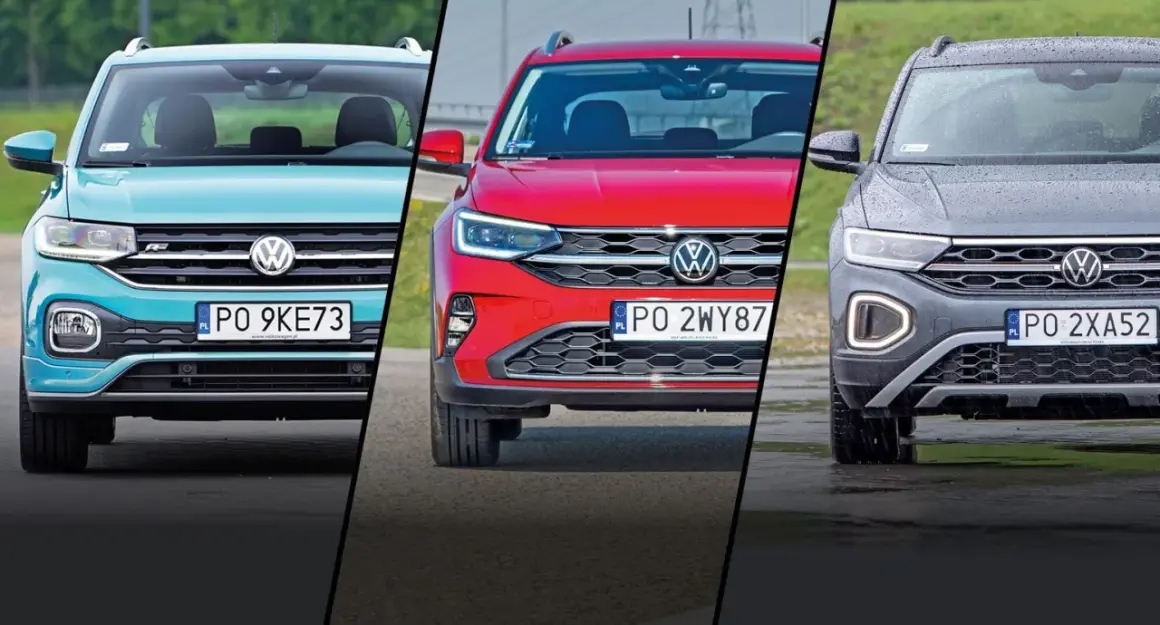Trzy Volkswagen SUV w różnych kolorach: turkusowy, czerwony i szary.