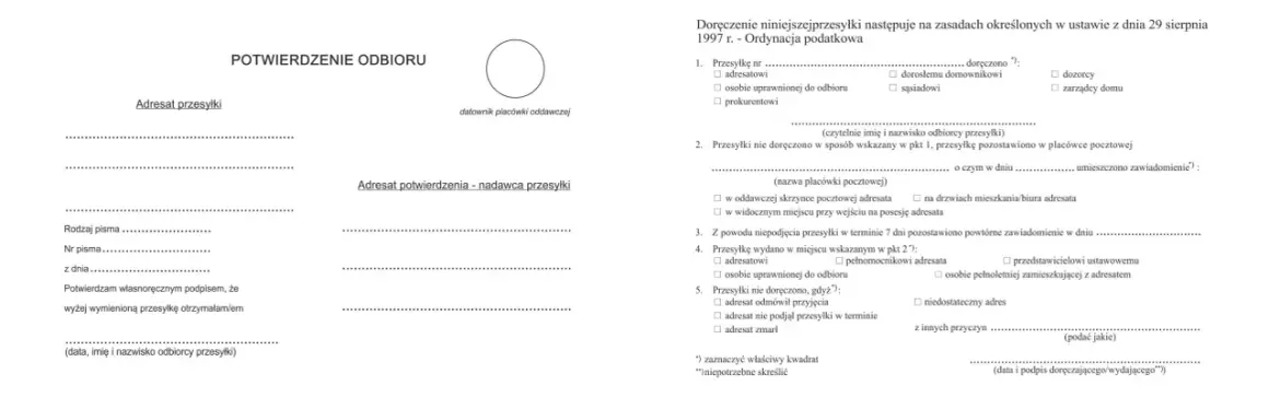Formularz "Potwierdzenie odbioru" zawiera pola do wypełnienia, jak wypełnić potwierdzenie odbioru, adres nadawcy i odbiorcy, rodzaj i numer pisma.
