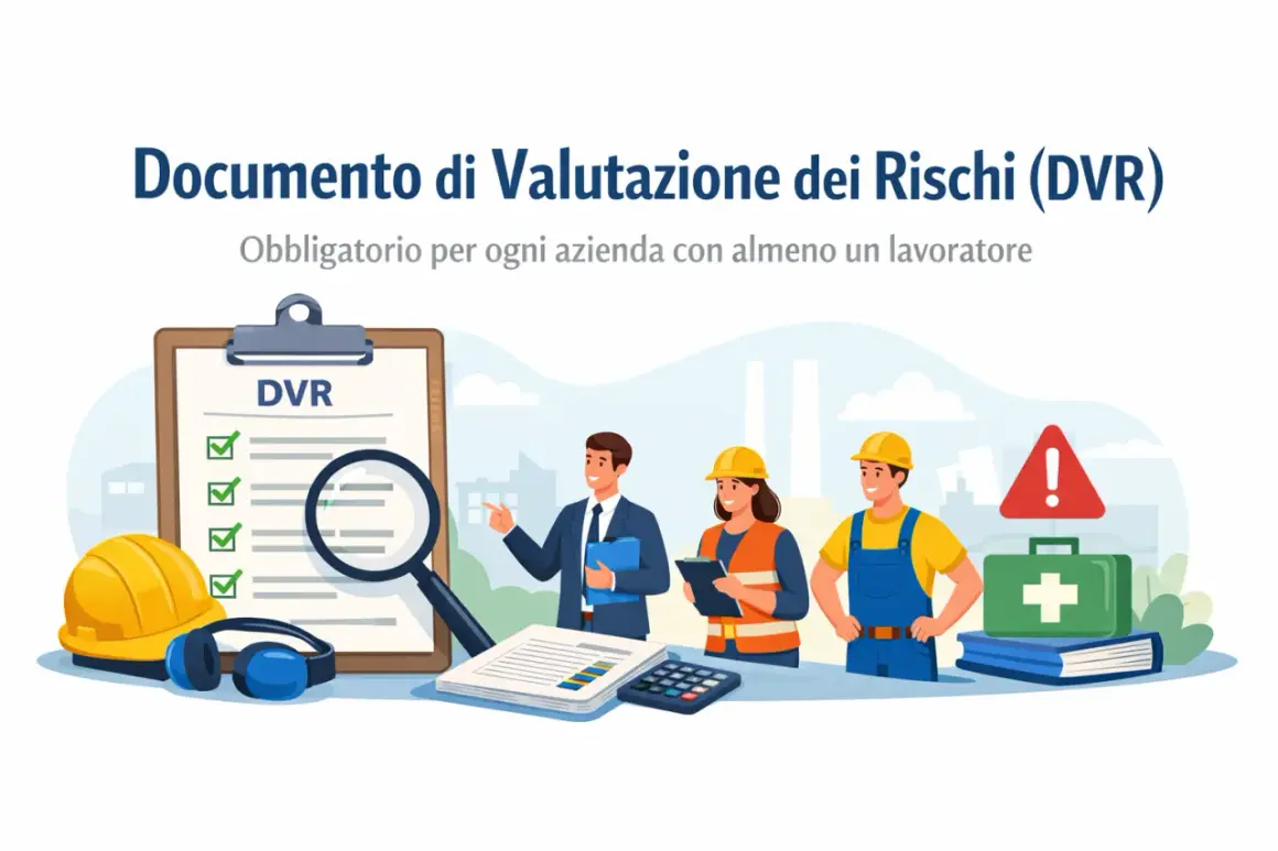 Valutazione dei rischi (DVR) obbligatorio per ogni azienda con dipendenti. Personale analizza documenti, caschi e kit pronto soccorso.
