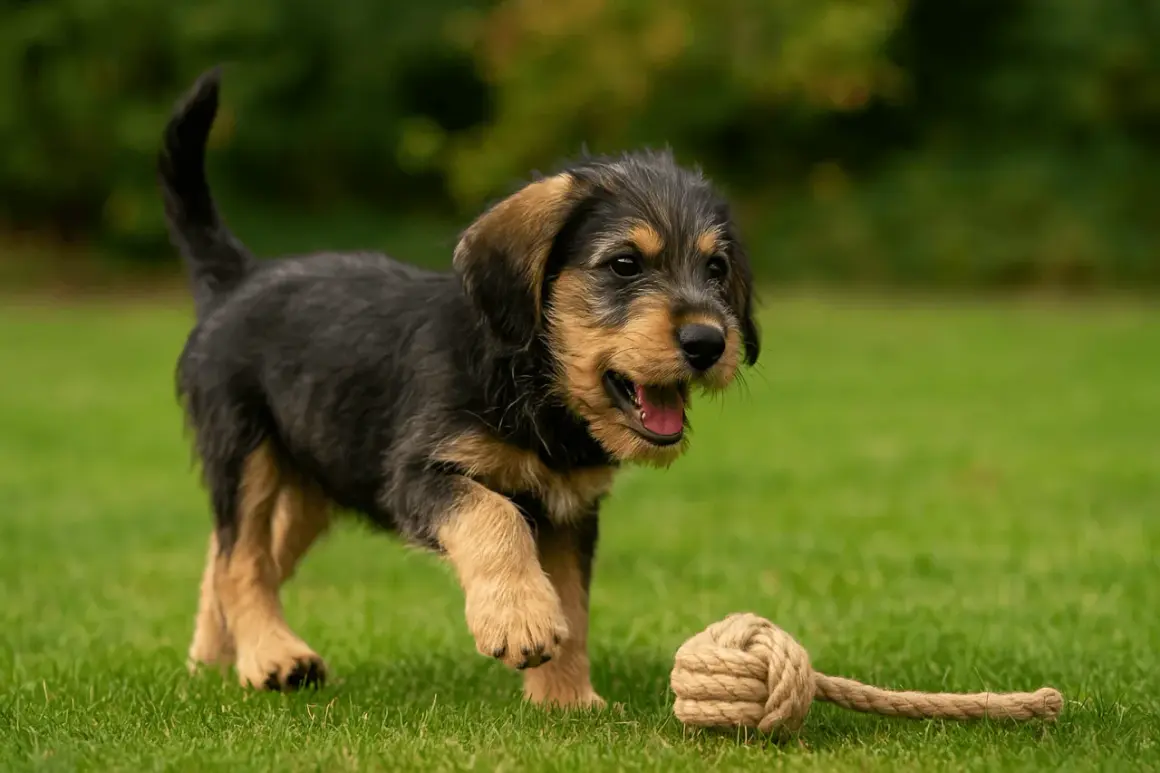 Un adorable chiot griffon nivernais poil court, tout noir et brun, joue avec une corde sur l'herbe verte.