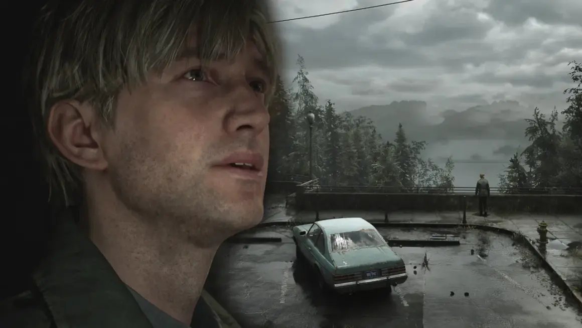 James Sunderland blickt nachdenklich in die Ferne, während im Hintergrund ein verlassenes Auto und eine neblige Landschaft zu sehen sind. Ein Ausblick auf den **Silent Hill 1 Remake**.