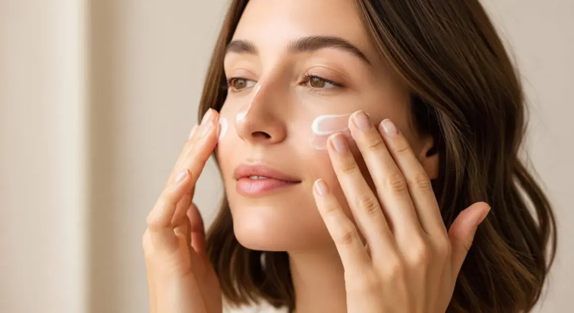 Donna applica crema viso. Il phenoxyethanol cos'è? Un conservante comune nei cosmetici per la cura della pelle.