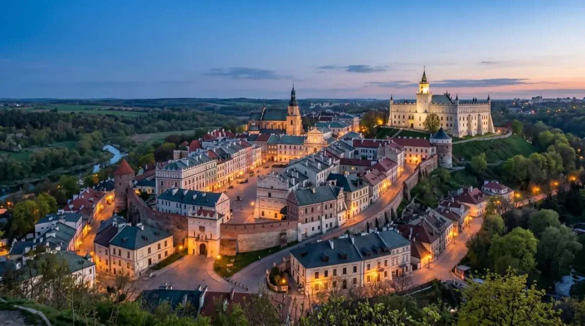 Zamek i rynek w Kazimierzu Dolnym o wschodzie słońca. Malowniczy wschód polski z widokiem na miasto i rzekę.