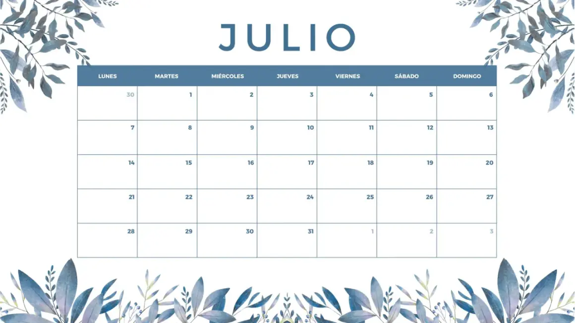 Calendario de julio con diseño floral azul. Planifica tus vacaciones de verano en este mes.