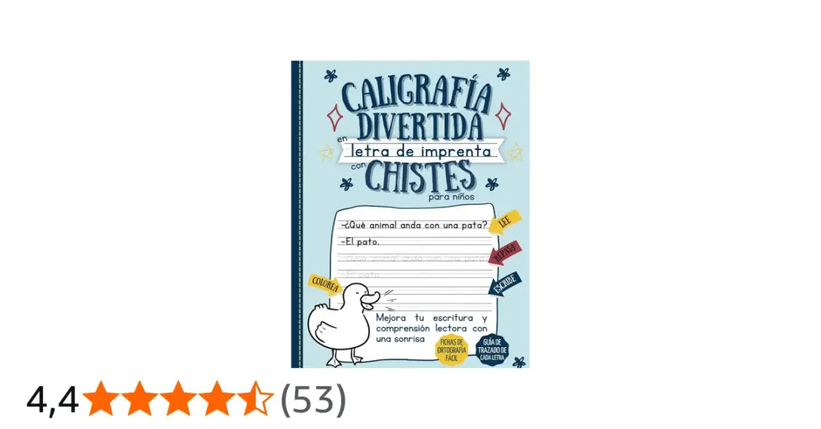 Ilustración de un pato y texto sobre caligrafía divertida con chistes para niños.