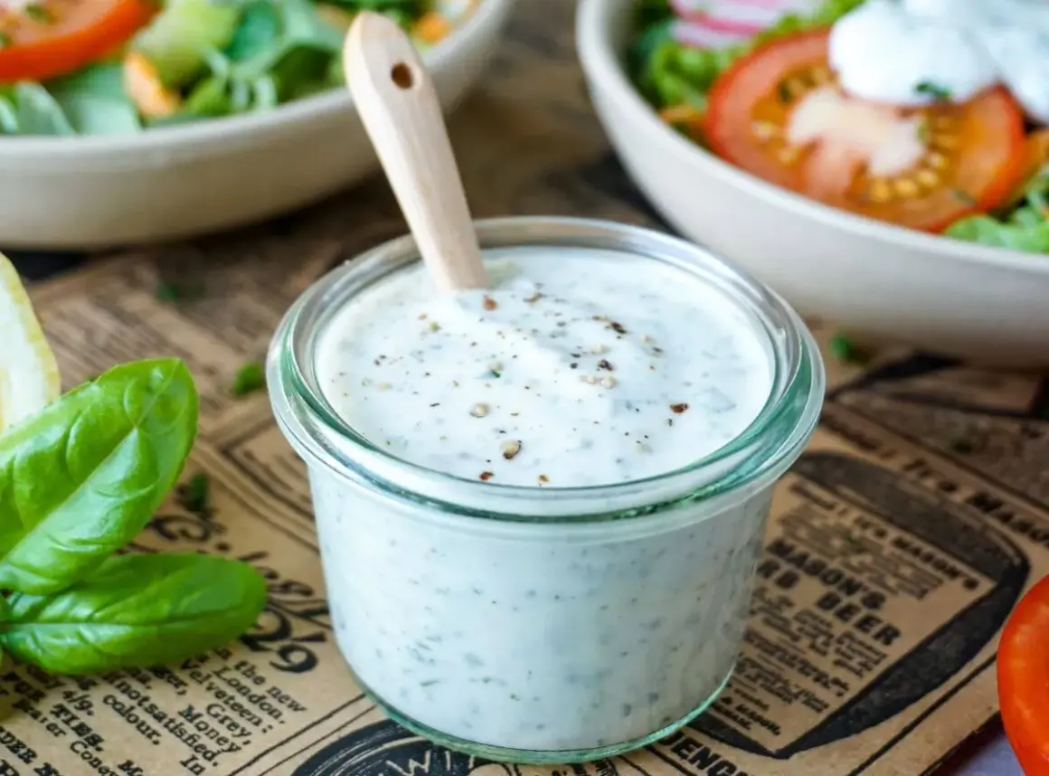 Cremiges Joghurt Dressing mit Kräutern in einem Glas, bereit für einen frischen Salat.