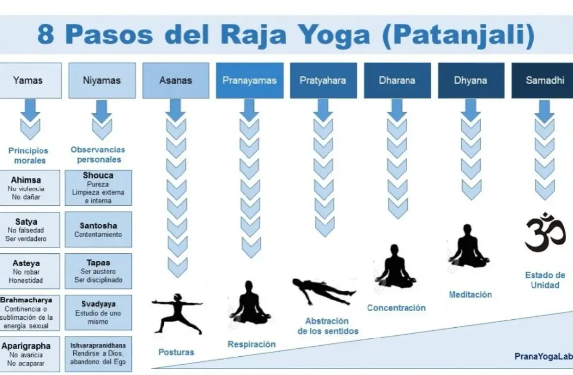 Los 8 pasos del Raja Yoga de Patanjali: Yamas, Niyamas, Asanas, Pranayamas, Pratyahara, Dharana, Dhyana y Samadhi, ilustrando la filosofía del yoga.