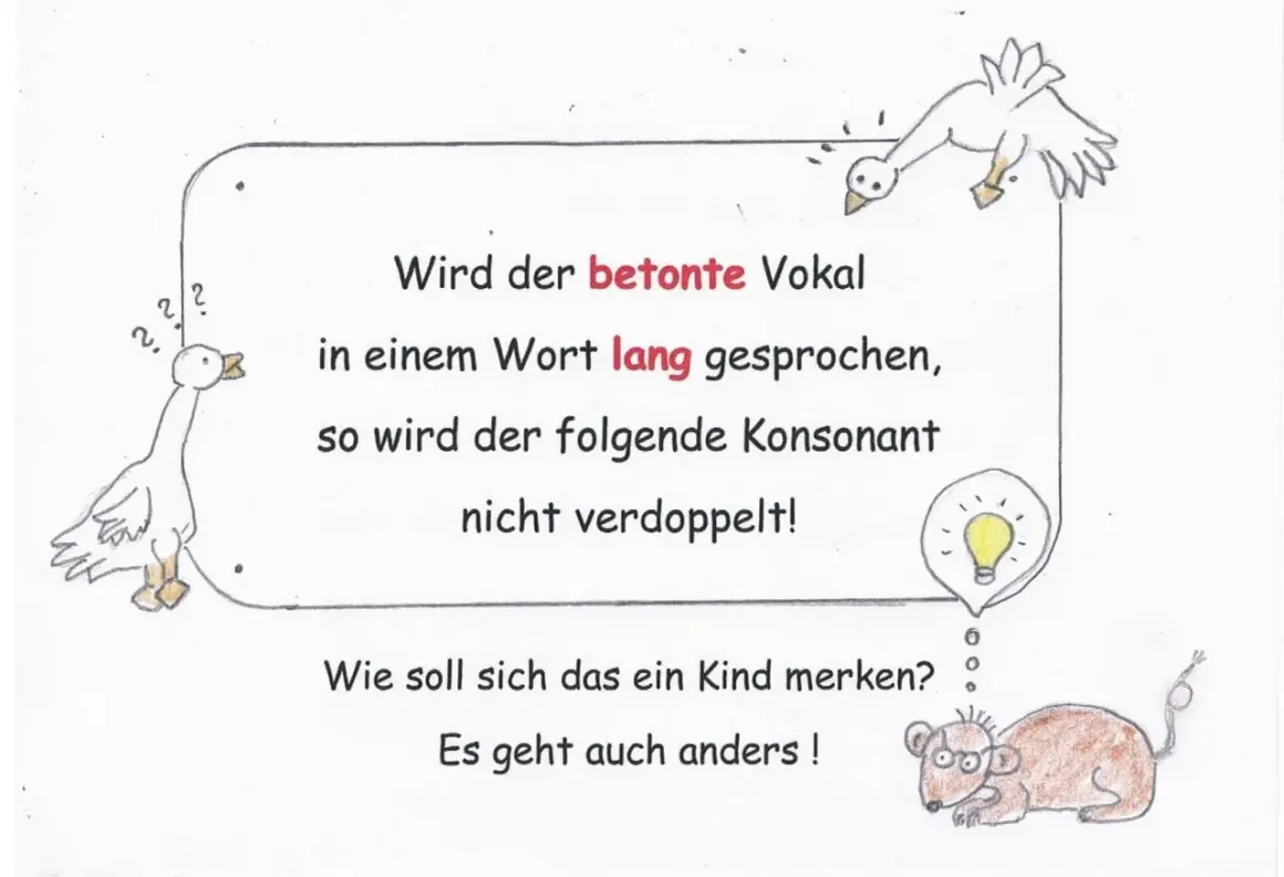 Gänse erklären Kindern die Regeln für lange und kurze Vokale in der Grundschule. Eine Glühbirne symbolisiert eine Idee.