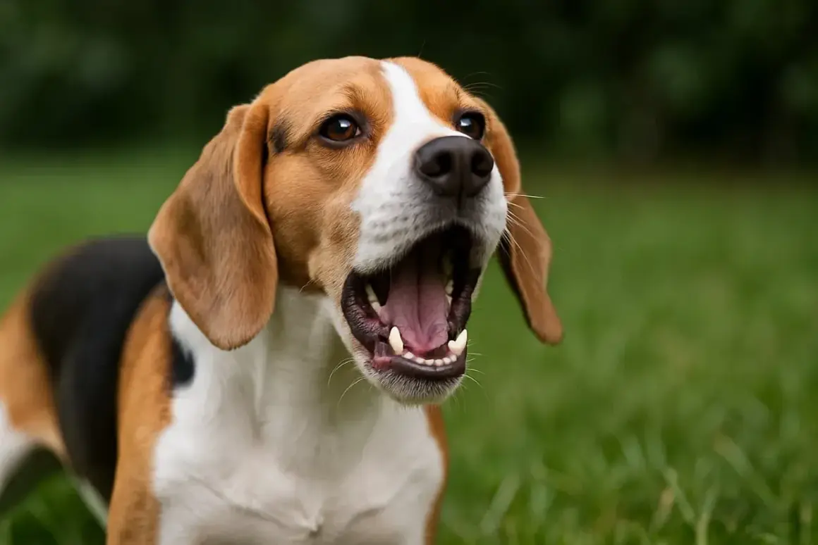 Szczekający beagle, choć nie należy do ras brachycefalicznych, pokazuje swoje zęby w radosnym okrzyku na trawie.