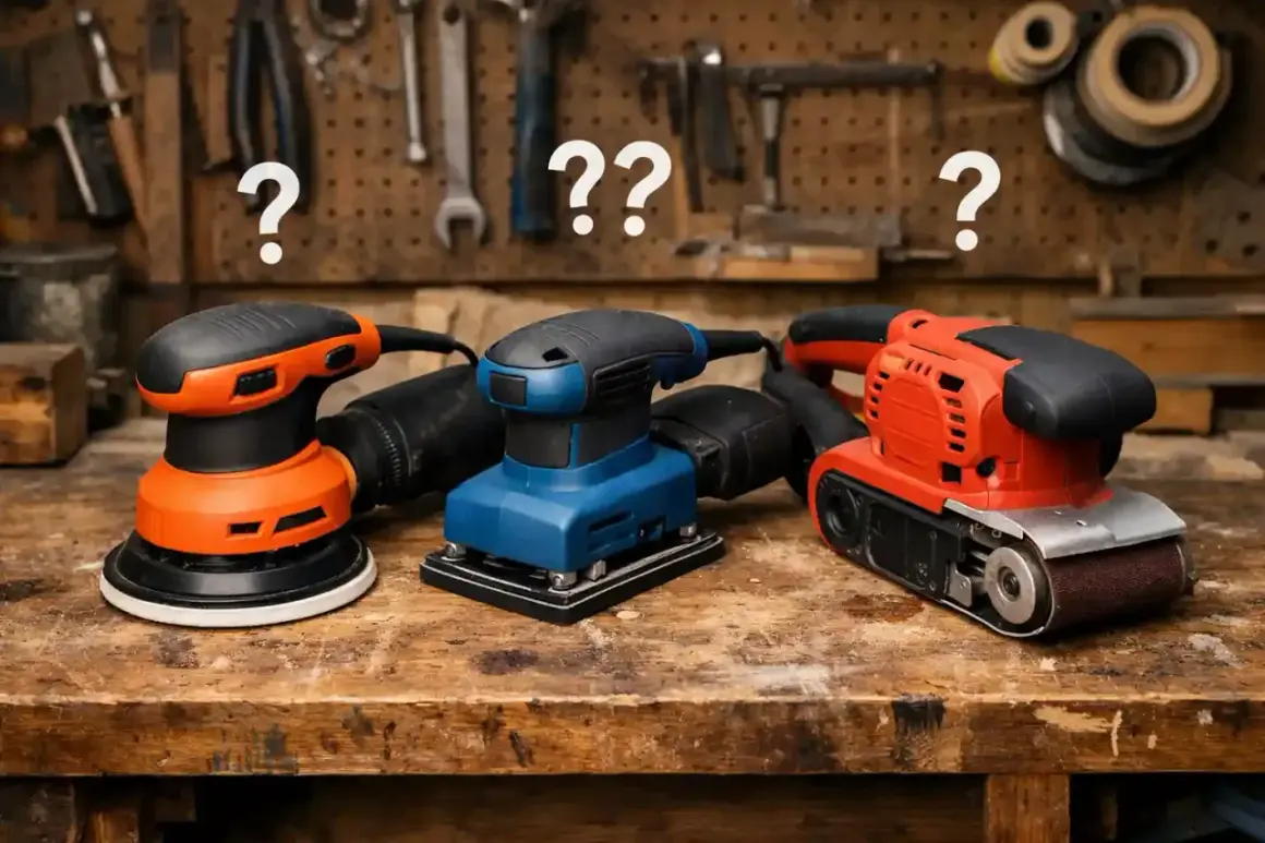 Trois ponceuses électriques, un outil manuel pour creuser le bois, sur un établi.