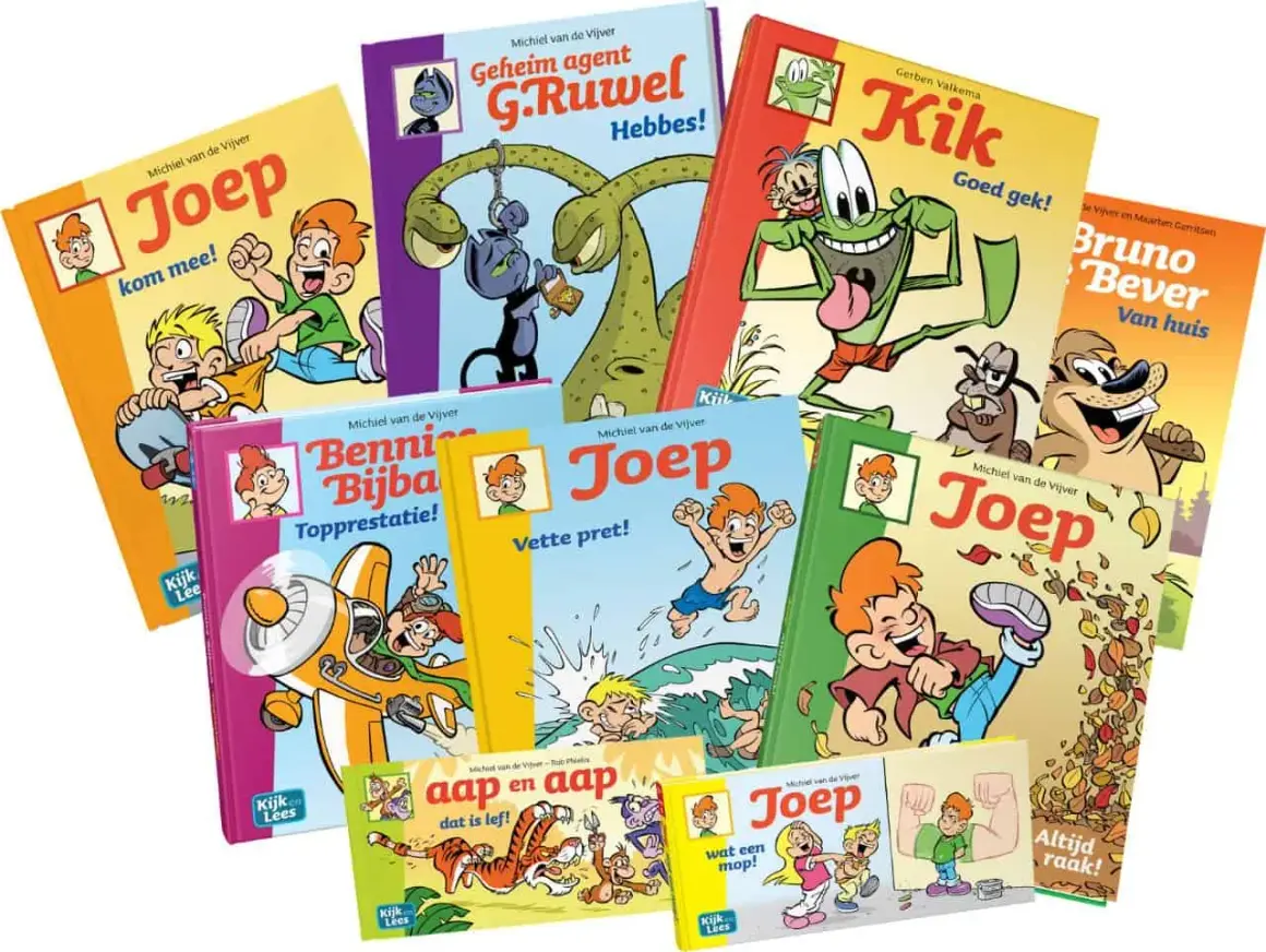Een stapel vrolijke kinderboeken, waaronder "Joep" en "Kik", die het leesplezier bevorderen.