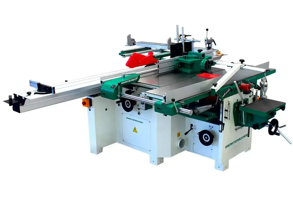 Machine menuiserie combinée, verte et blanche, avec scie circulaire et guide. Idéale pour tous vos travaux de bois.