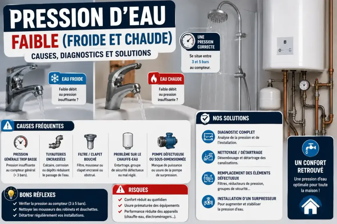 Illustration expliquant les causes et solutions d'un débit d'eau réduit, avec des robinets, une douche et des tuyaux.