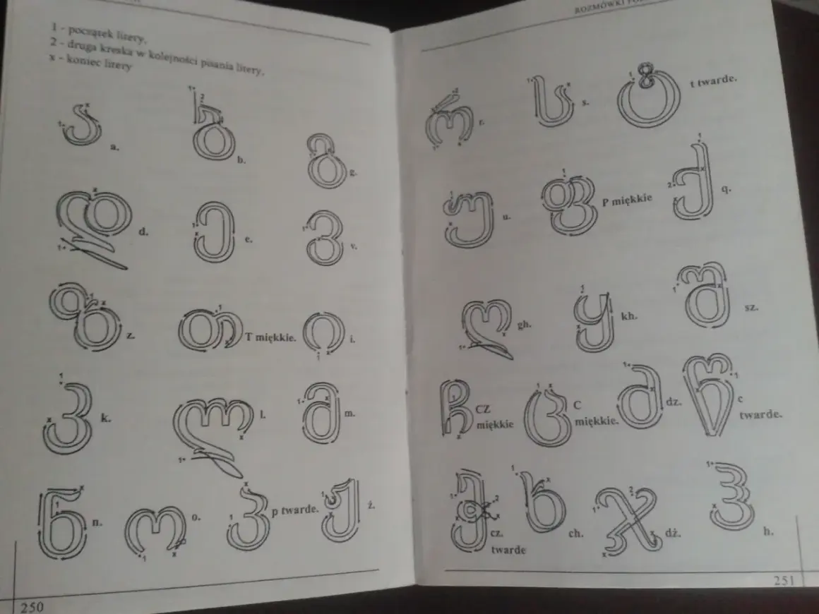 Ilustracja pokazuje alfabet gruziński z podziałem na poszczególne litery, ich nazwy i wskazówki dotyczące pisania.