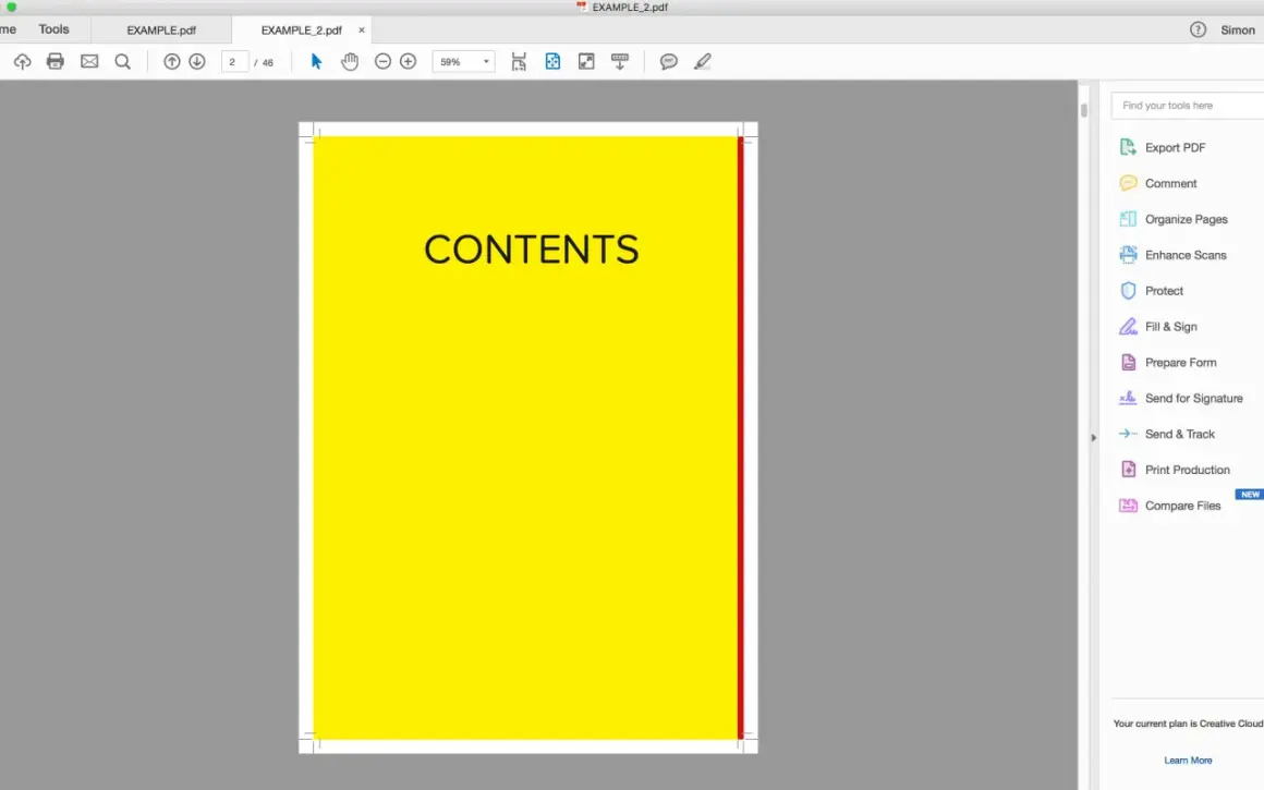 A bright yellow page with "CONTENTS" in black text, part of a PDF document, likely from an InDesign tutorial.