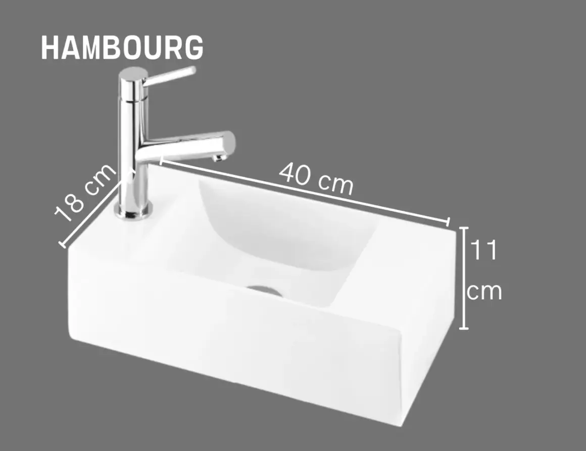 Lavabo suspendu HAMBOURG blanc, 40 cm de long, 18 cm de hauteur du robinet, 11 cm de profondeur.
