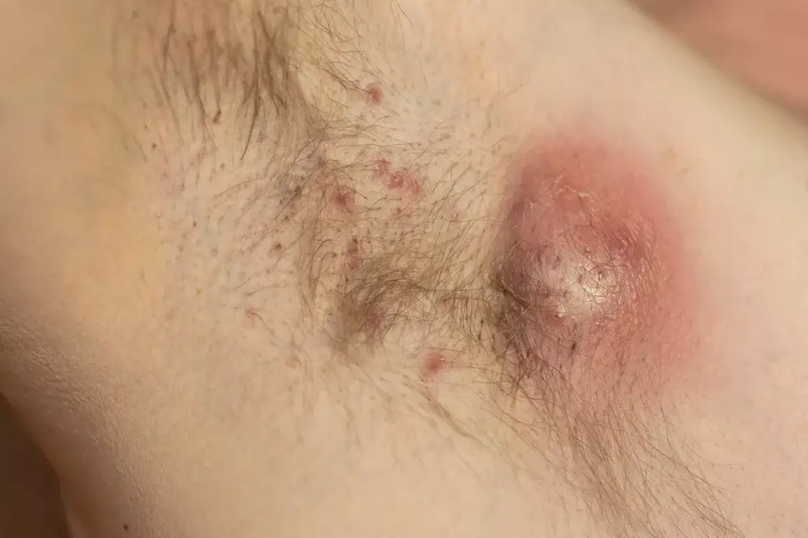 Duży, zaczerwieniony ropień pod pachą, przypominający objawy mastitis. Widać drobne krostki i włosy.