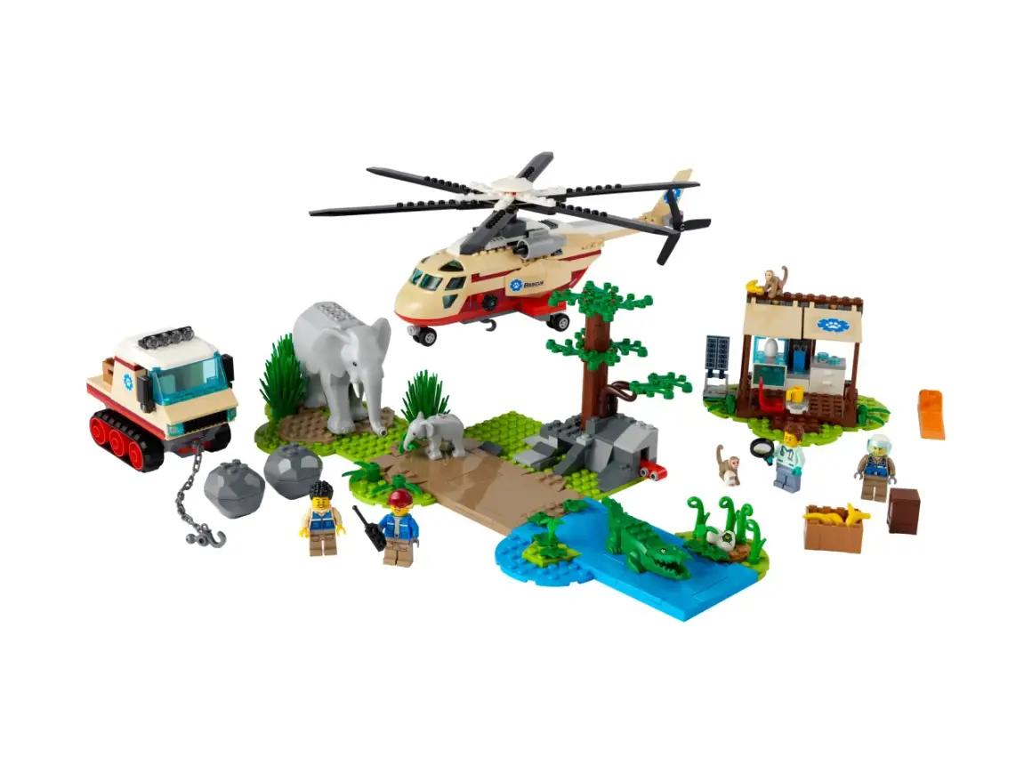 Zestaw lego 60302: ratownicy pomagają słoniom i krokodylom. Helikopter, terenówka i zwierzęta.