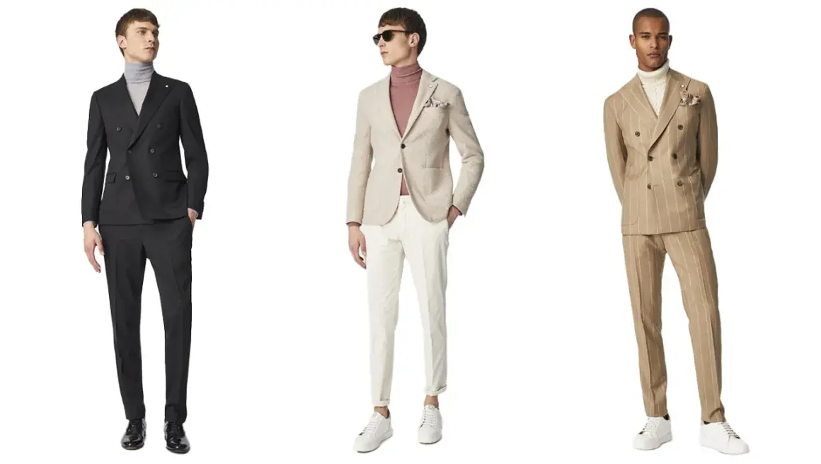 Uomo in abito con giacca beige, un look elegante e moderno.