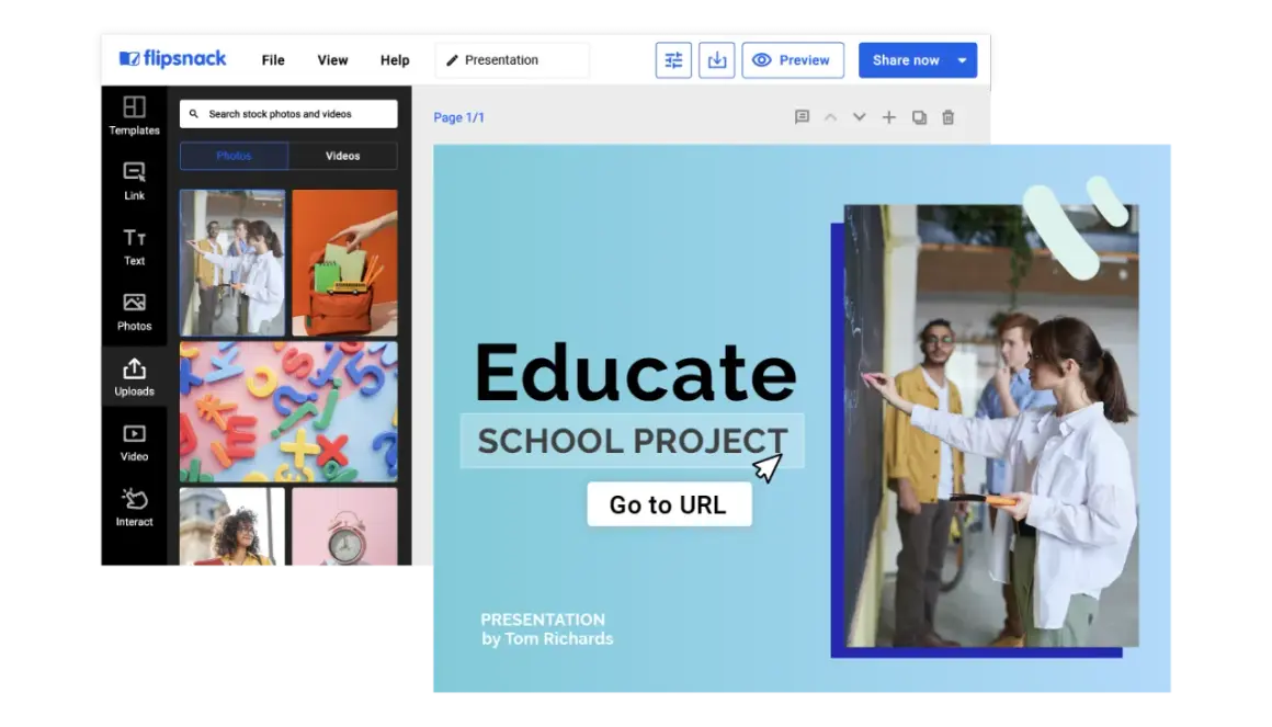 Plantillas de flipbook para proyectos escolares. Una presentación "Educate" con estudiantes en una pizarra.