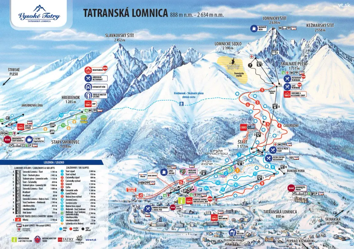 Mapa Tatranskej Lomnice zobrazená v zime, s vyznačenými **stoki, Słowacja**, lanovkami a vrcholmi ako Lomnický štít.