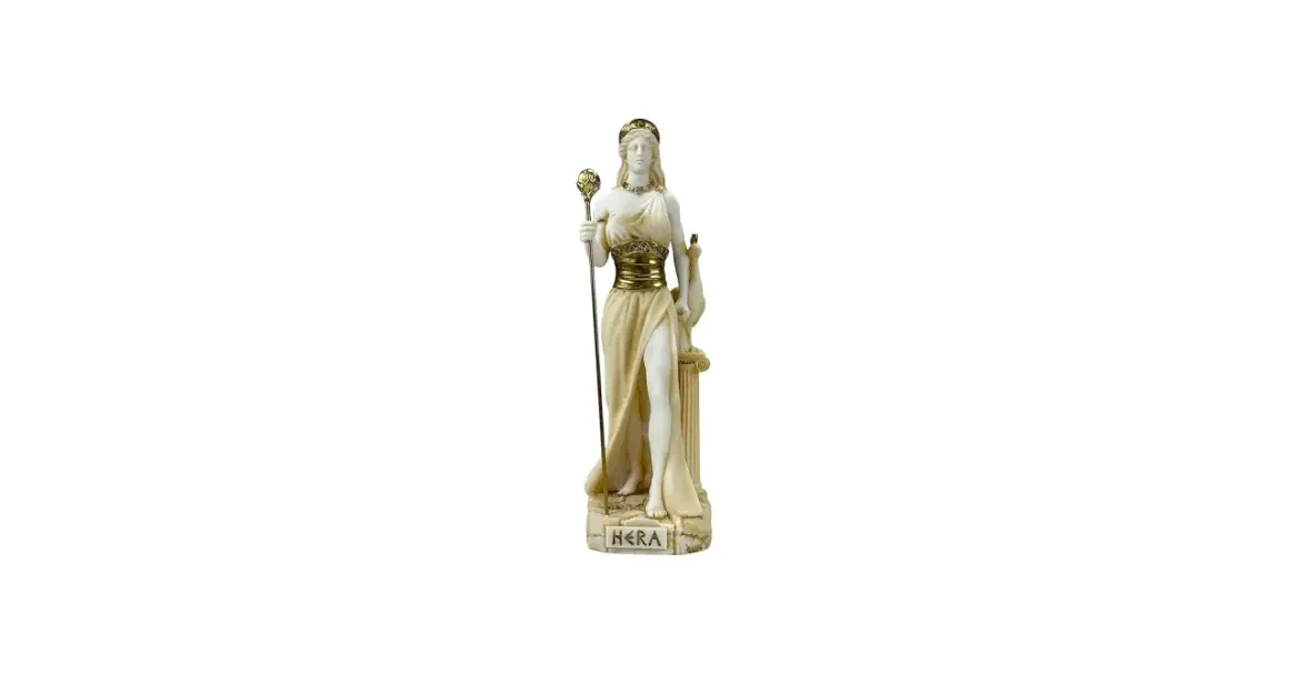 Standbeeld van Hera, de Romeinse godin van het huwelijk, met scepter en pauw.