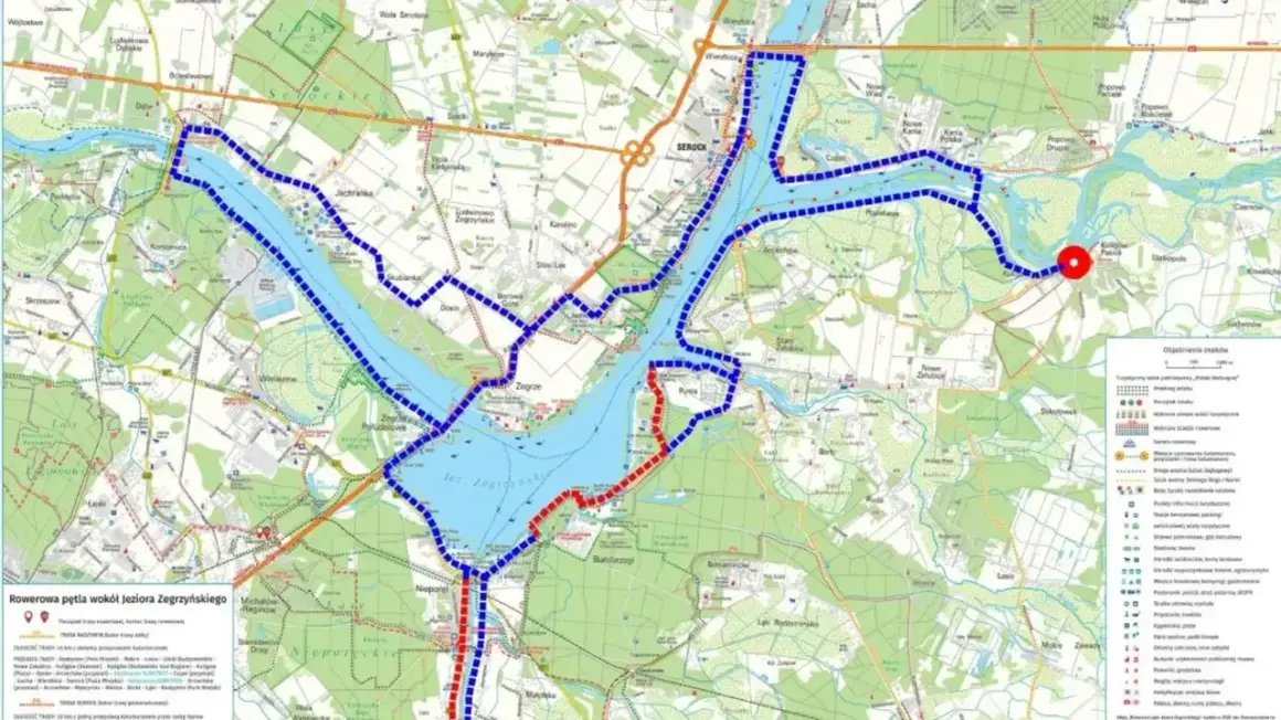 Odkryj najładniejsze trasy rowerowe na Mazowszu! Mapa przedstawia pętlę wokół Jeziora Zegrzyńskiego, idealną na aktywny wypoczynek.