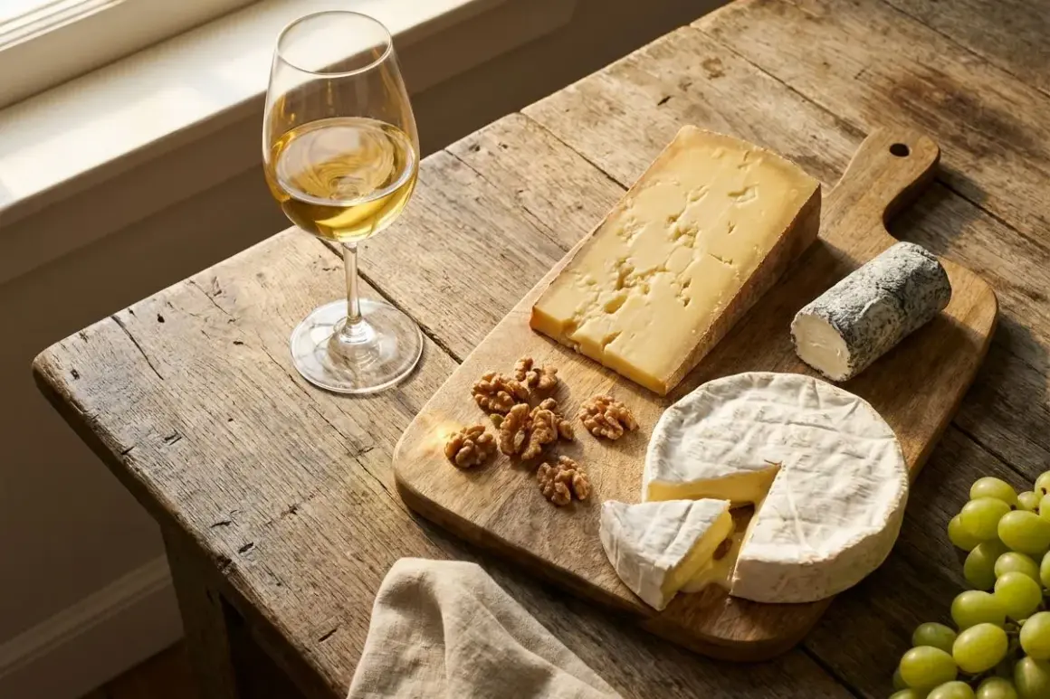 Un verre de vin blanc, des fromages variés, des noix et des raisins sur une planche en bois. Une belle invitation à découvrir quel vin avec le fromage.
